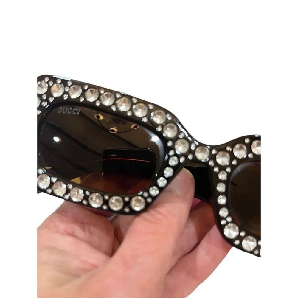 GUCCI black rectangle Diamond Cut Embellished Interlocking Gold G Sunglasses Vtg